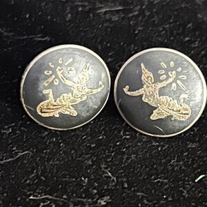 Vintage WWII era Sterling Siamese Niello Etched Disk Earrings